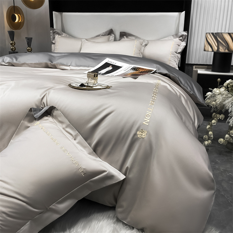 Juego de cuatro piezas de cama de alta calidad de lujo ligero, bordado de algodón puro, ropa de cama para niños, funda de edredón, combinación de tres piezas