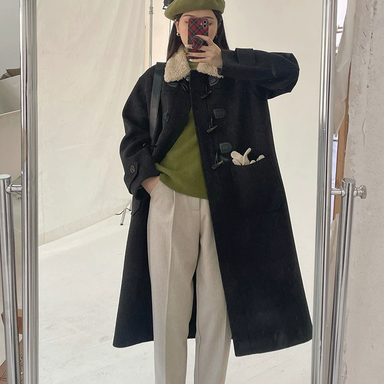 Двустороннее кашемировое пальто, винтажное красное шерстяное пальто с воротником из овечьей шерсти с вышивкой на пуговицах, утепленное осенне-зимнее Новое Стильное