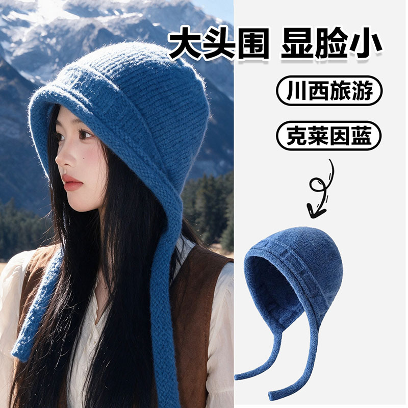 Chuanxi travel photography ear-covering knitted hat for women, new winter warm ear-covering knitted hat with ties, Korean style versatile hat Chuanxi travel photography ear-covering knitted hat for women, new winter warm ear-covering knitted hat with ties, Korean style versatile hat