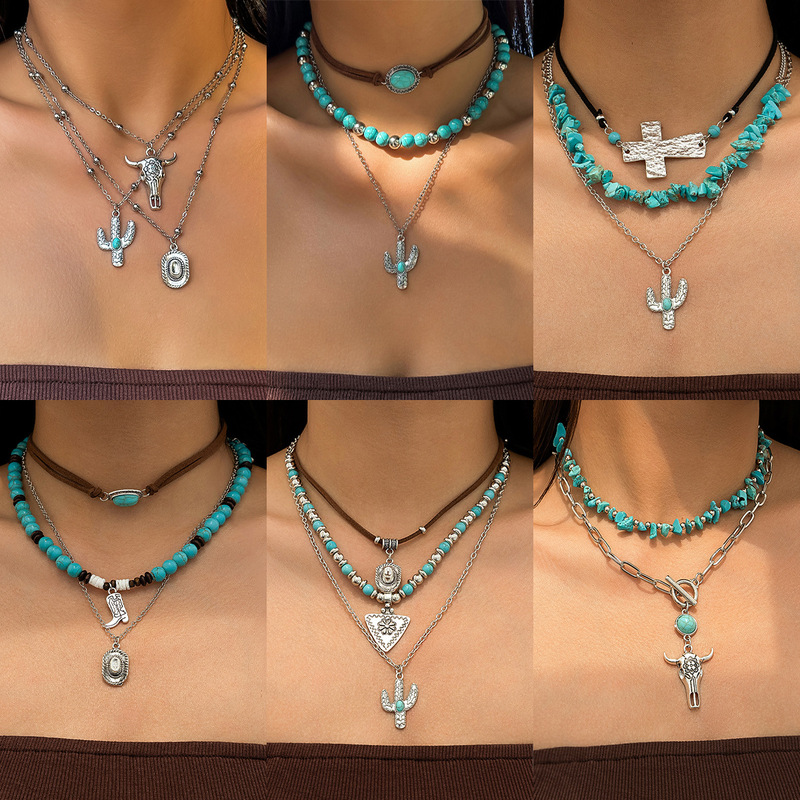 European and American cross-border jewelry retro imitation turquoise cow head clavicle chain beaded necklace suit national style cactus necklace