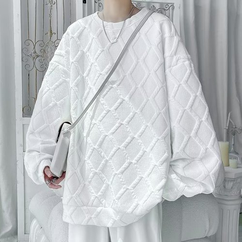 Diamond pattern heavy-duty hoodie for men, spring and autumn oversize large size inner layer base shirt, loose long-sleeved capless outerwear