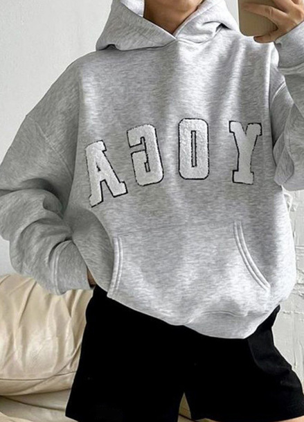 New Casual Gray Embroidered YOGA Printed Loose Hooded Women's Sweatshirt_voghion.com