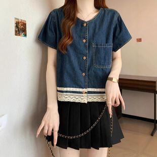 Designed Lace Denim Short-Sleeved Shirt for Women 2025 Summer Large Size Fat mm Slim Right Shoulder Shirt Top