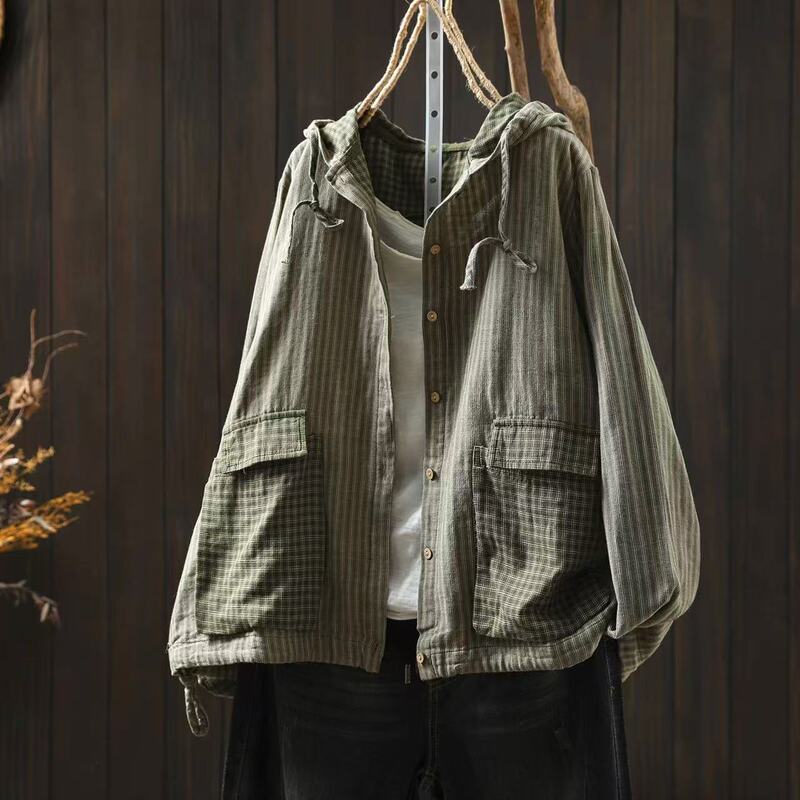 Autumn New Style White Plaid Hooded Large Pocket Oversized Casual Shirt 81586