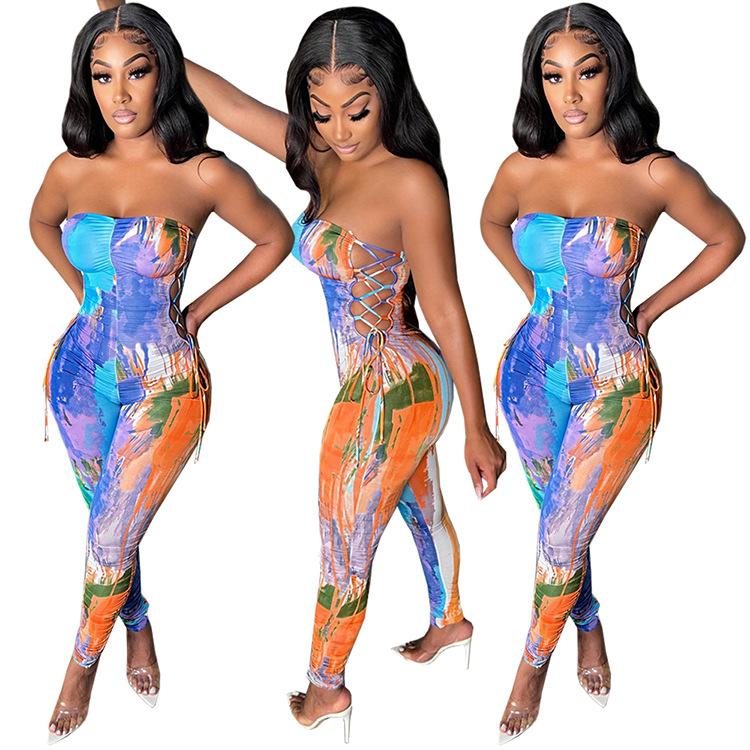 women s oil painting printing lace-up jumpsuit nihaostyles clothing wholesale NSGLS72790