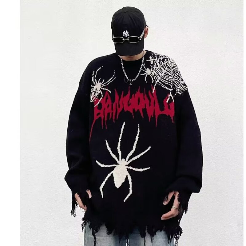 Direct Sale from the Manufacturer: Fuzzy Emotions Spring/Summer American Street Style Tie-Dye Pinhole Distressed Personalized Casual Couple Knitted Sweater
