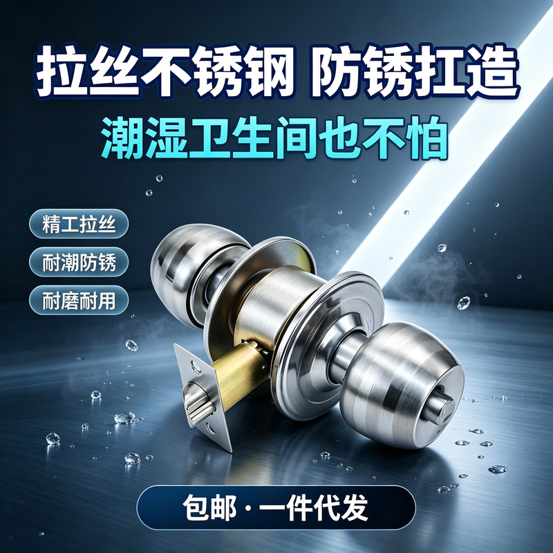 Stainless steel spherical door lock, suitable for bedroom, wooden door, and bathroom; includes a copper core and a round handle; free shipping