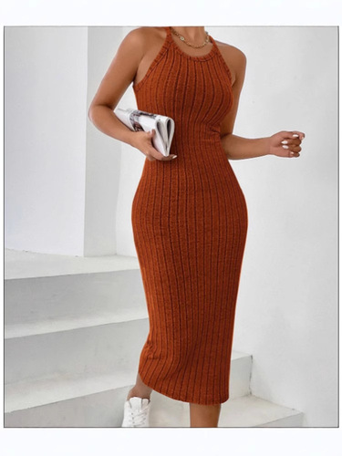 Cross-border women's round neck solid color backless tank top strap dress knitting honeycomb macaron color European and American Amazon