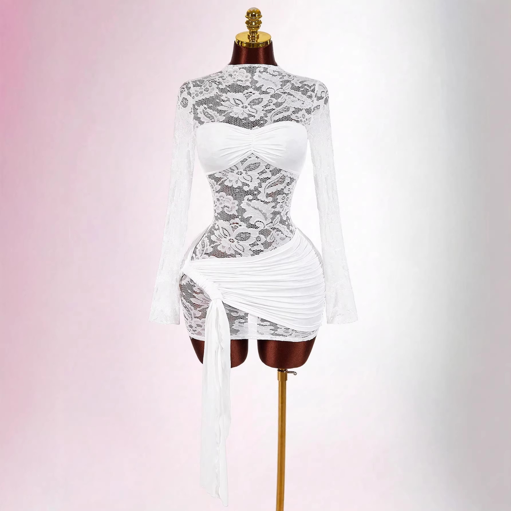 Sexy Lace Trimmed Mesh Fabric Round Neck Long Sleeved Slim Fit Pleated Tie Up Dress_ecoleips.com
