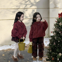 冬季儿童女童洋气圣诞新年红色套头毛衣上衣+红格长裤半裙套装