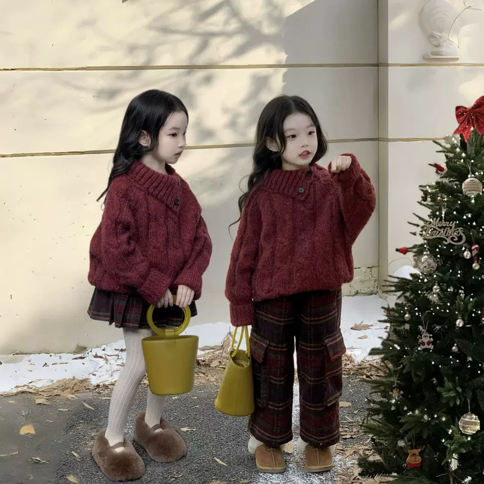 冬季儿童女童洋气圣诞新年红色套头毛衣上衣+红格长裤半裙套装