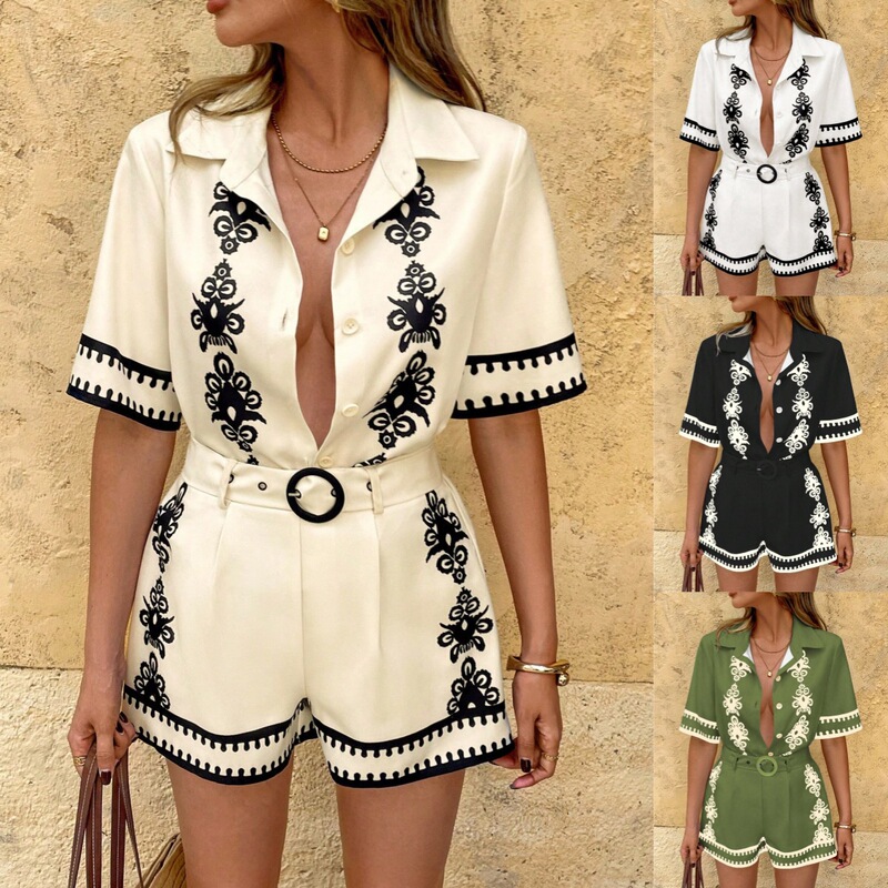 Clearance Discount In-Stock Holiday Style Cross-Border European and American Women's Fashion New Printed Shirt and Shorts Set with Belt Clearance Discount In-Stock Holiday Style Cross-Border European and American Women's Fashion New Printed Shirt and Shorts Set with Belt