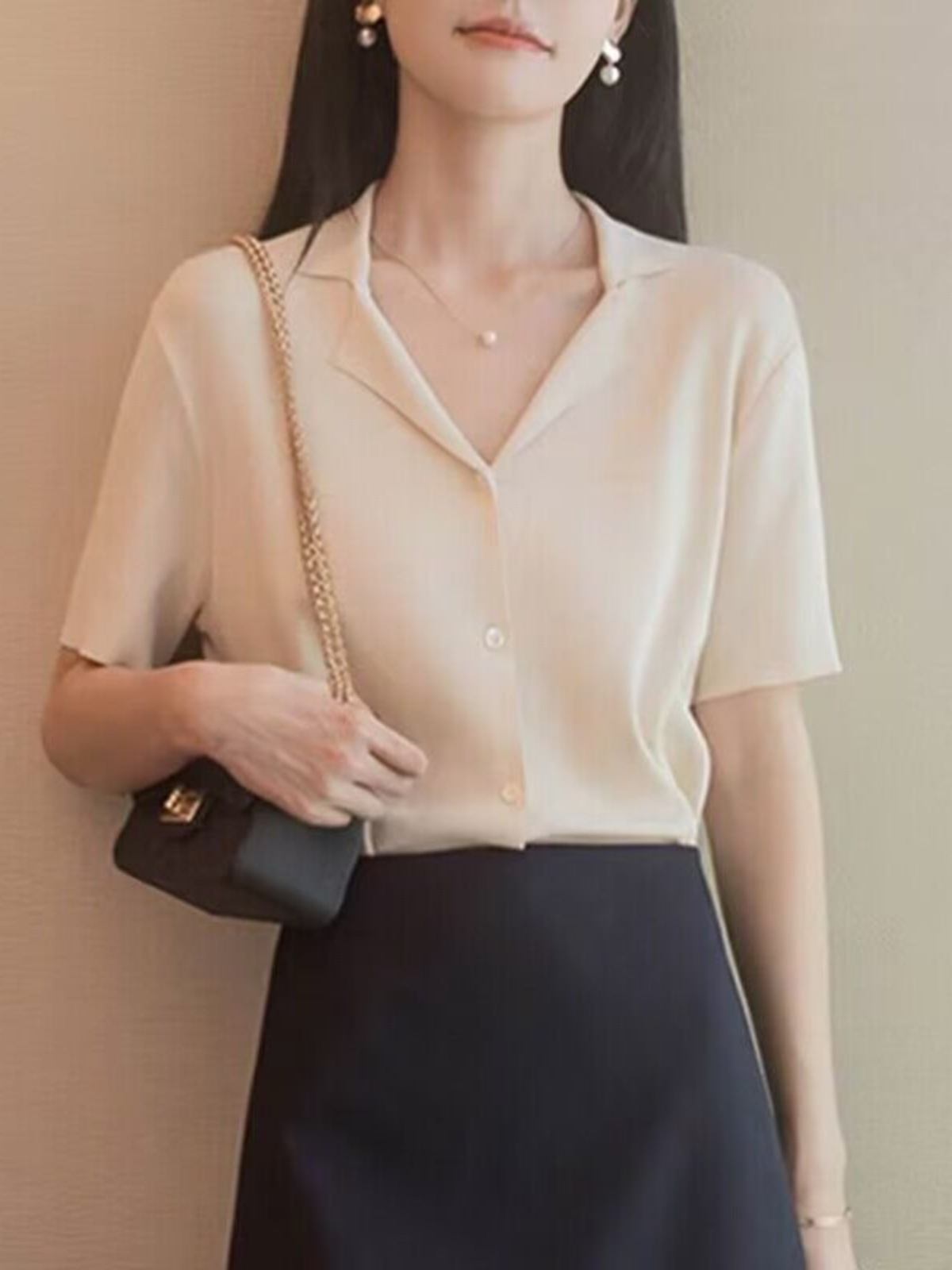 Áo cardigan nữ cổ POLO dệt kim lụa băng tay ngắn mùa hè — Màu trắng sữa