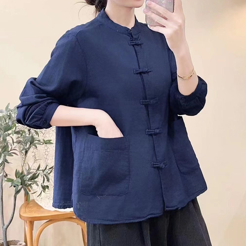 新中式盘扣双层棉纱衬衫外套女新款文艺禅意茶服宽松长袖上衣外套|undefined
