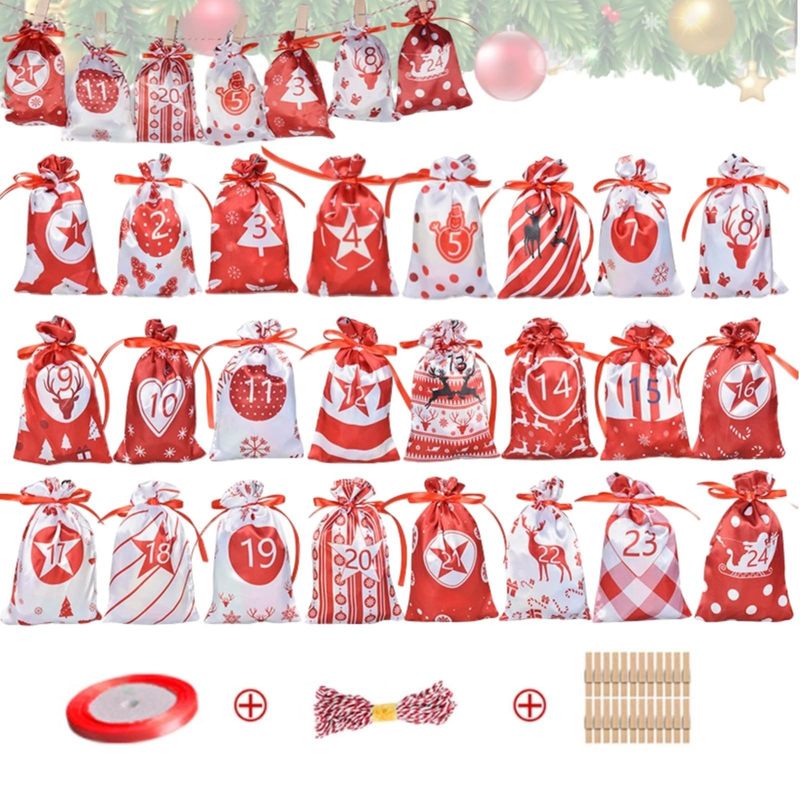 クリスマスペンダント巾着キャンディギフトバッグアドベントカレンダーカウントダウン24番号布バッグサテン巾着ポケット|undefined