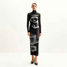 wish欧美风时尚潮流女装新款3D立体印花双层网纱高领长袖连衣裙长