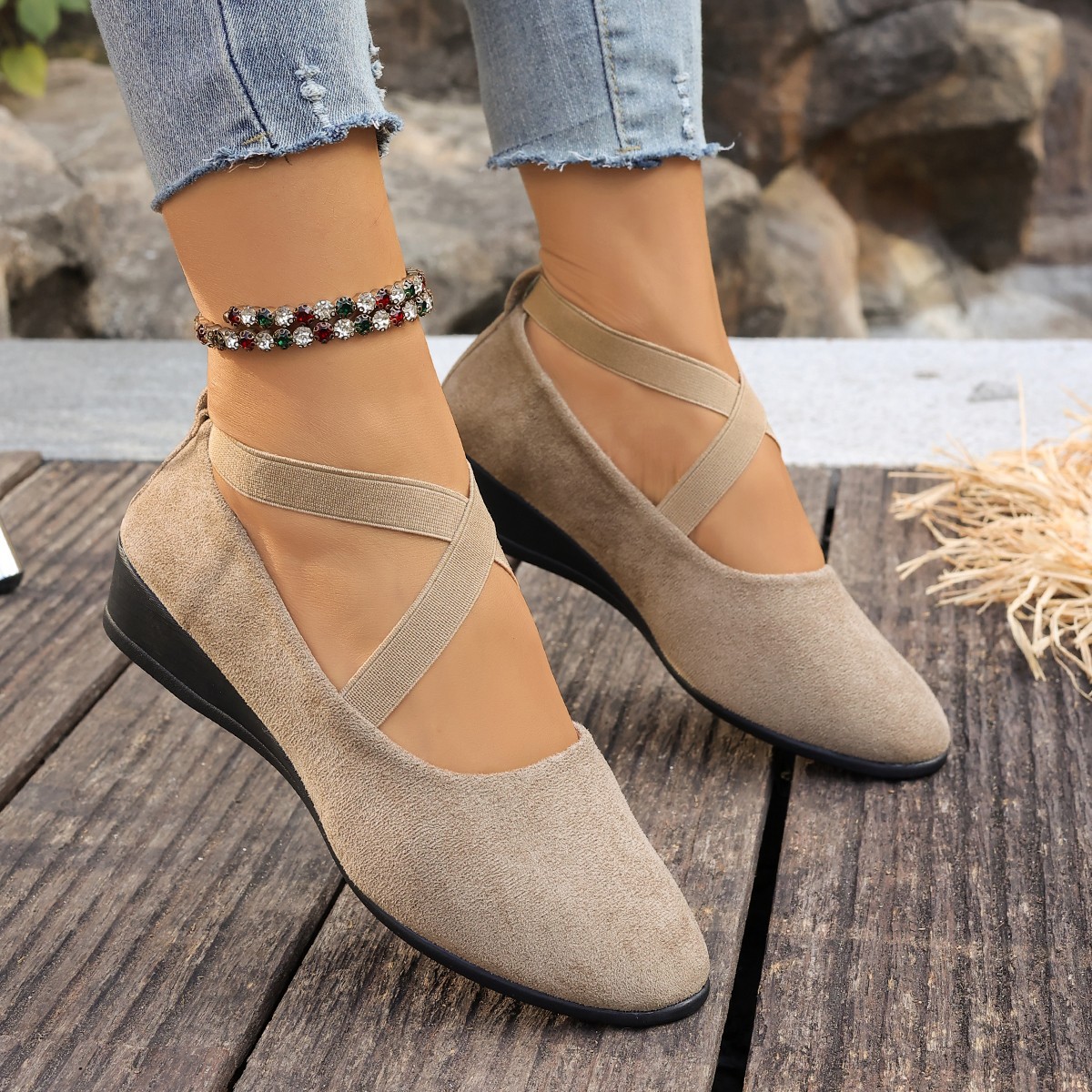 Women's Plus Size Cross Strap Suede Wedge Heels Slip-On Loafers Low Cut Spring Style Casual Comfortable Footwear_voghion.com