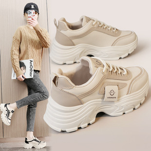 H6579 New 2025 Color Matching Thick-Soled Sports Leather Height-Increasing Shoes Student Fashion Women's Shoes Korean Style Dad Shoes