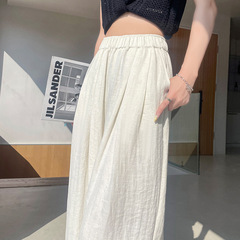 米白色冰丝棉麻阔腿裤女夏季薄款松紧高腰直筒宽松垂感拖地山本裤