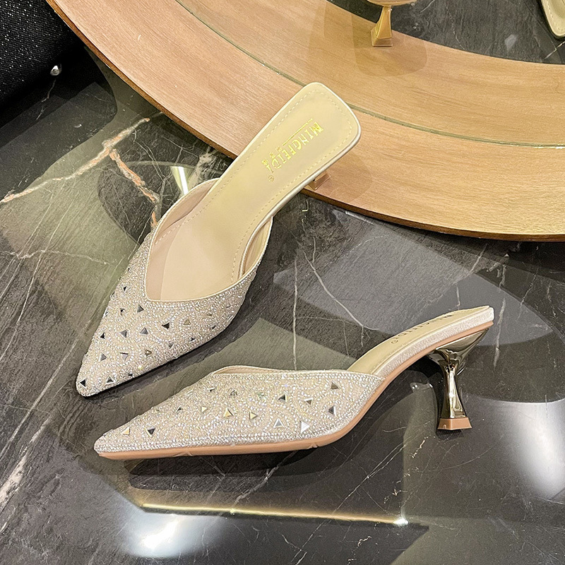 2025 nuevas medias zapatillas de diamantes de imitación de celebridades de Internet de verano Baotou sandalias de tacón alto image 3