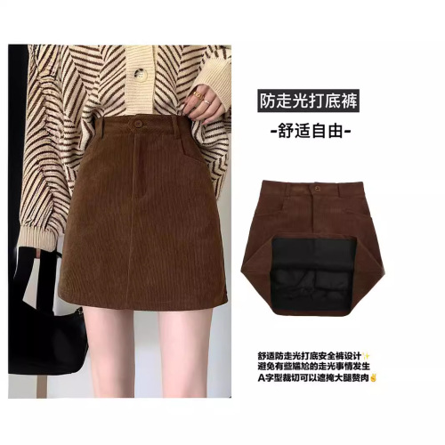 Women's Autumn/Winter Coffee Brown Half Body Corduroy Short Skirt Petit Girl High-Waist A-Line Bodycon Fall Dress Skirt
