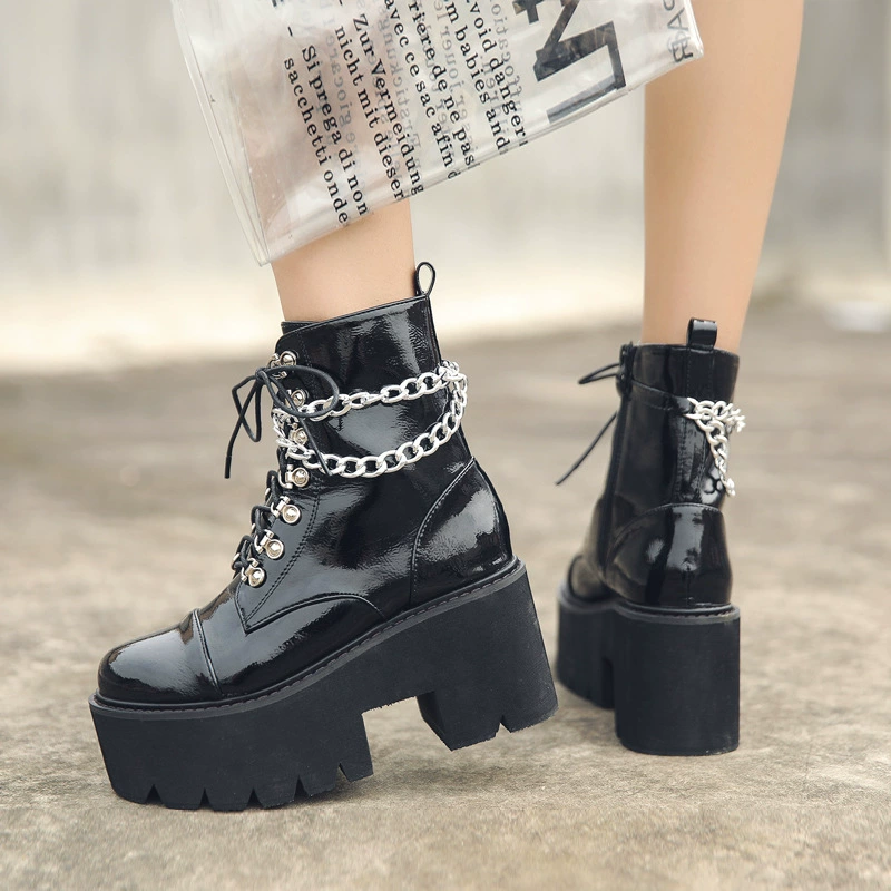 Slope and thick-soled patent leather chain punk short boots female winter 34-43 yards