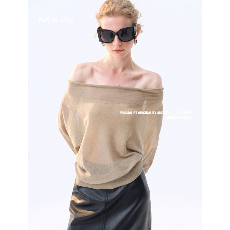 Mogas/2Ways Cotton and Linen Blended Cool Slightly See-Through One-Line Slanted Shoulder Swing Collar Knitwear Lazy Top for Women in Autumn