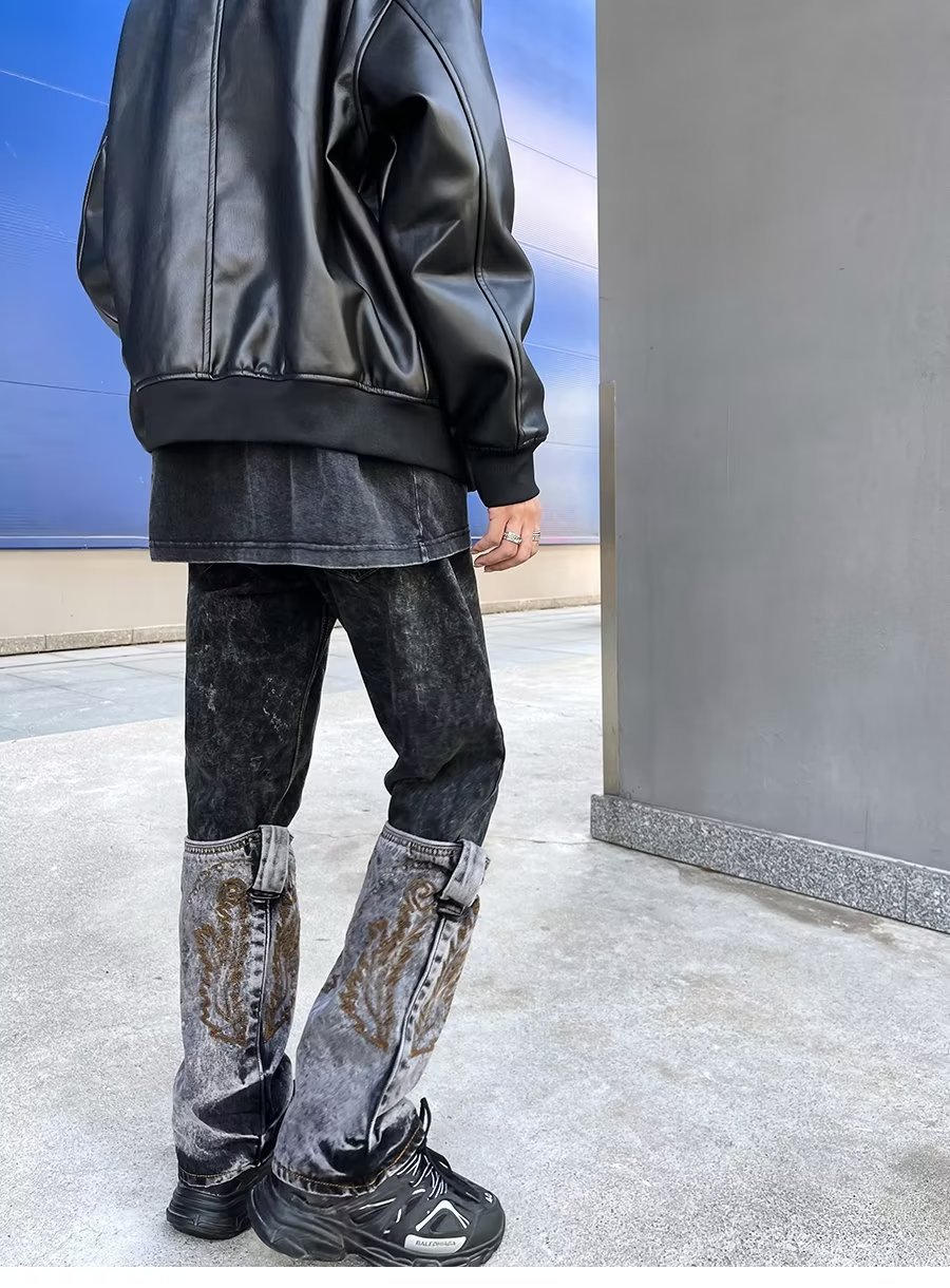Men's and womenCross-border washed jeans for in spring and autumn American retro raw edge design loose straight wide-leg floor mopping pants_viptrois.com