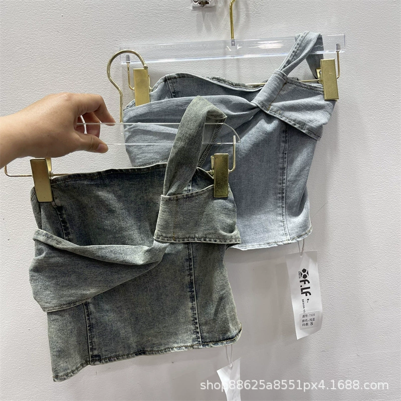Эластичный джинсовый топ с чашечками, летняя майка-бюстье, топ-бюстье, открытые плечи, slim fit