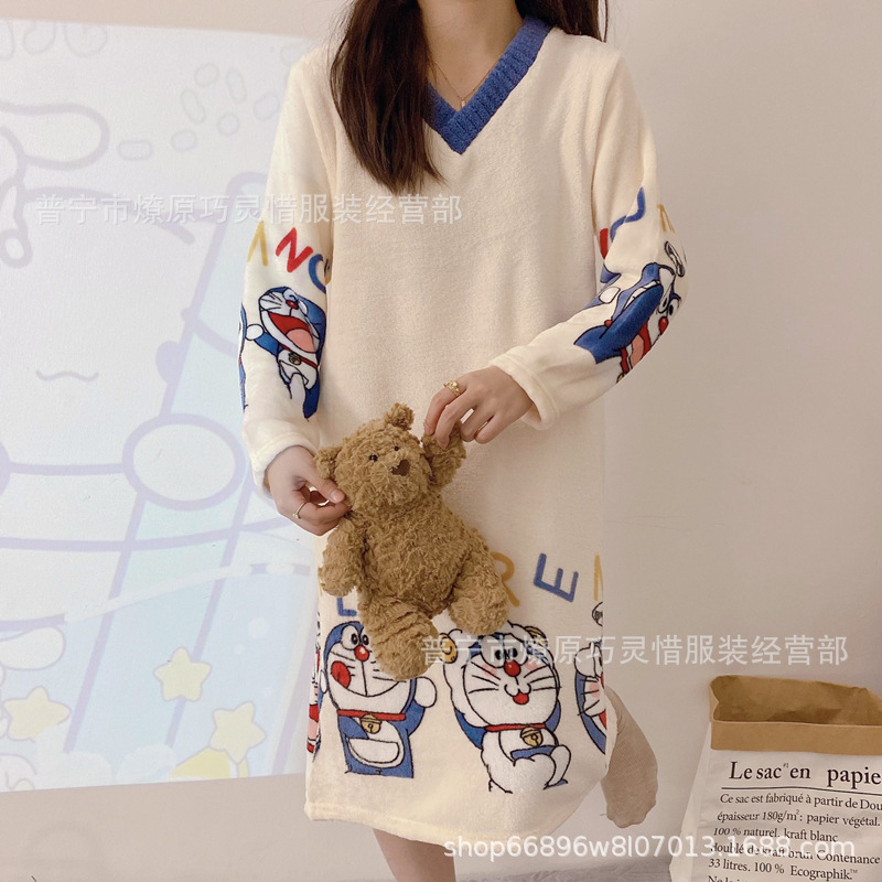 Pijamas de mujeres otoño invierno de franela lindo dibujo animado 2024 nuevo coral de lana gruesa falda cálida ropa para el hogar