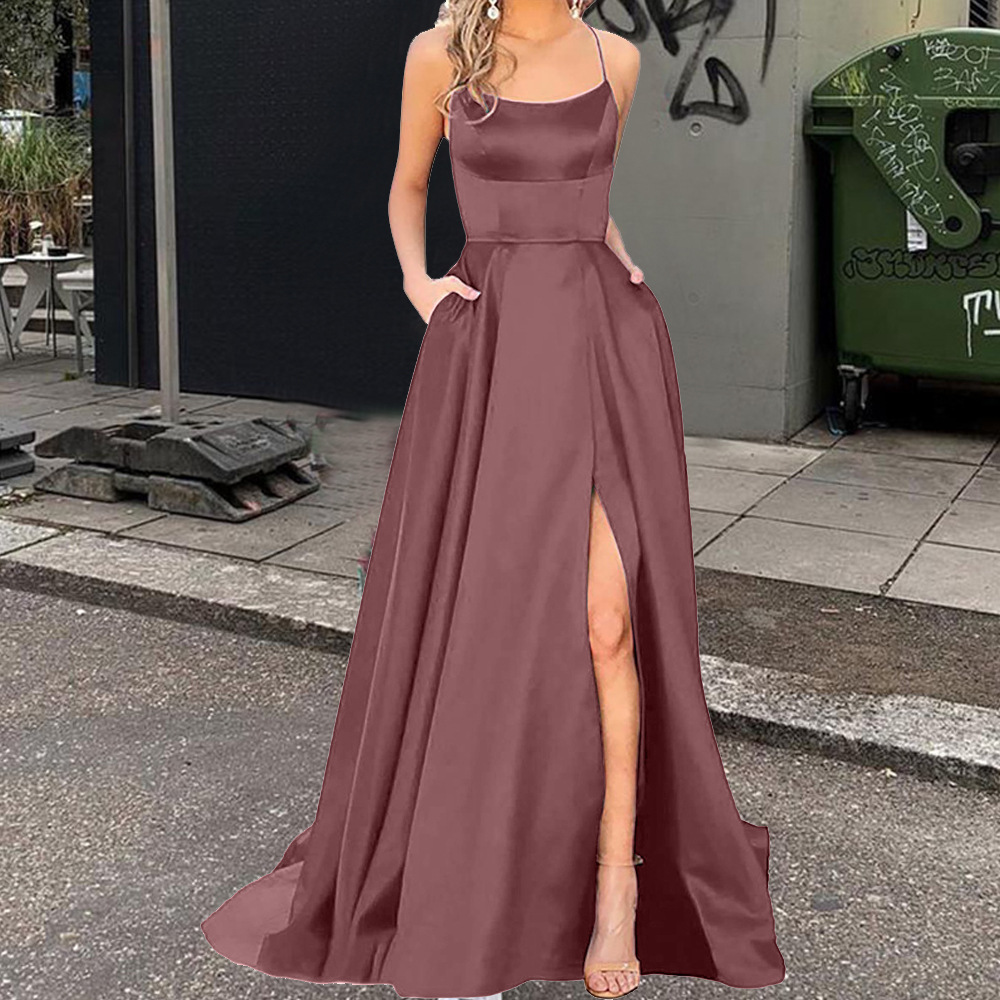 2025 color sólido vestido de dama de honor europeo y americano falda larga delgada sin tirantes novia vestido de noche de grupo de dama de honor de moda de Amazon