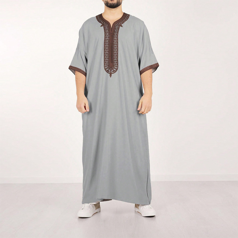 2025 New Cross-Border Foreign Trade Embroidered Long Robe with Mid-Sleeves, Traditional Moroccan Men's Robe