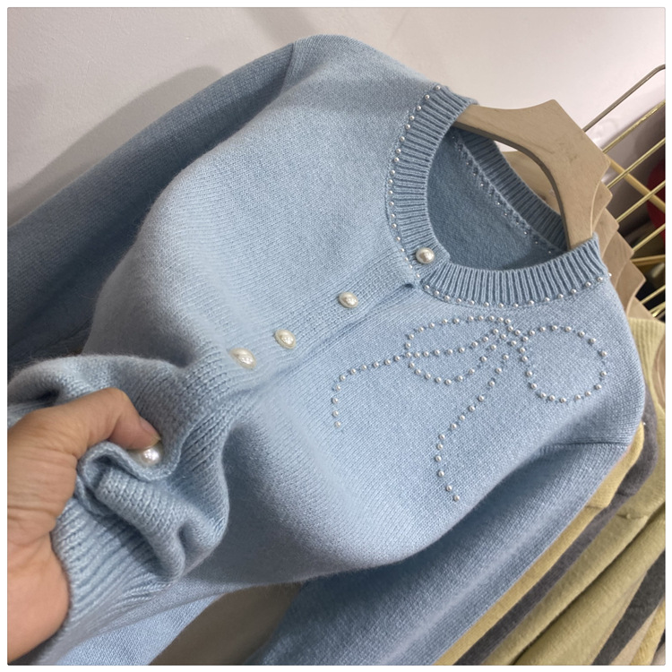 Women's Clothing Chic Embellished Bow Knit Cardigan For Women - Autumn Casual Long Sleeve Open Front Sweater (Blue, Yellow, Gray, Beige, Pink)_voghion.com