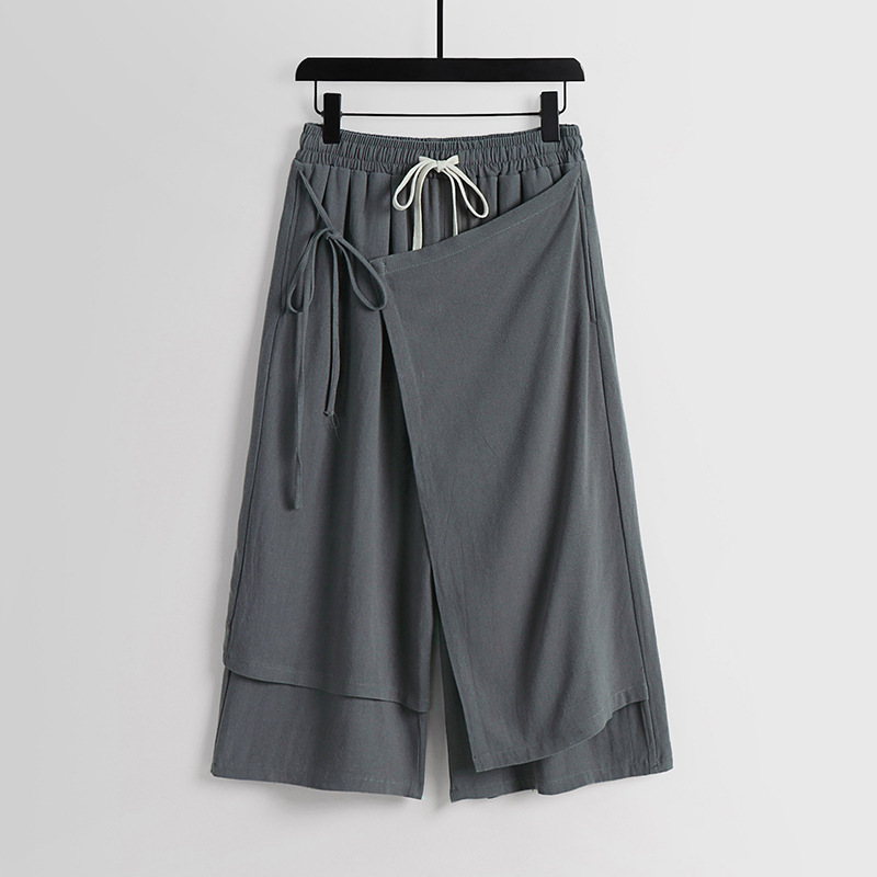 Loose Linen Pants Men's Summer Fake Two-piece Hanfu Casual Pants Thin Breathable Cotton and Linen Wide-leg Pants Straight Cropped Pants