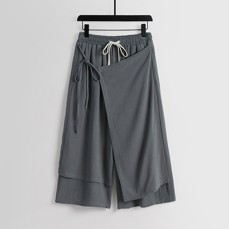 Loose Linen Pants Men's Summer Fake Two-piece Hanfu Casual Pants Thin Breathable Cotton and Linen Wide-leg Pants Straight Cropped Pants