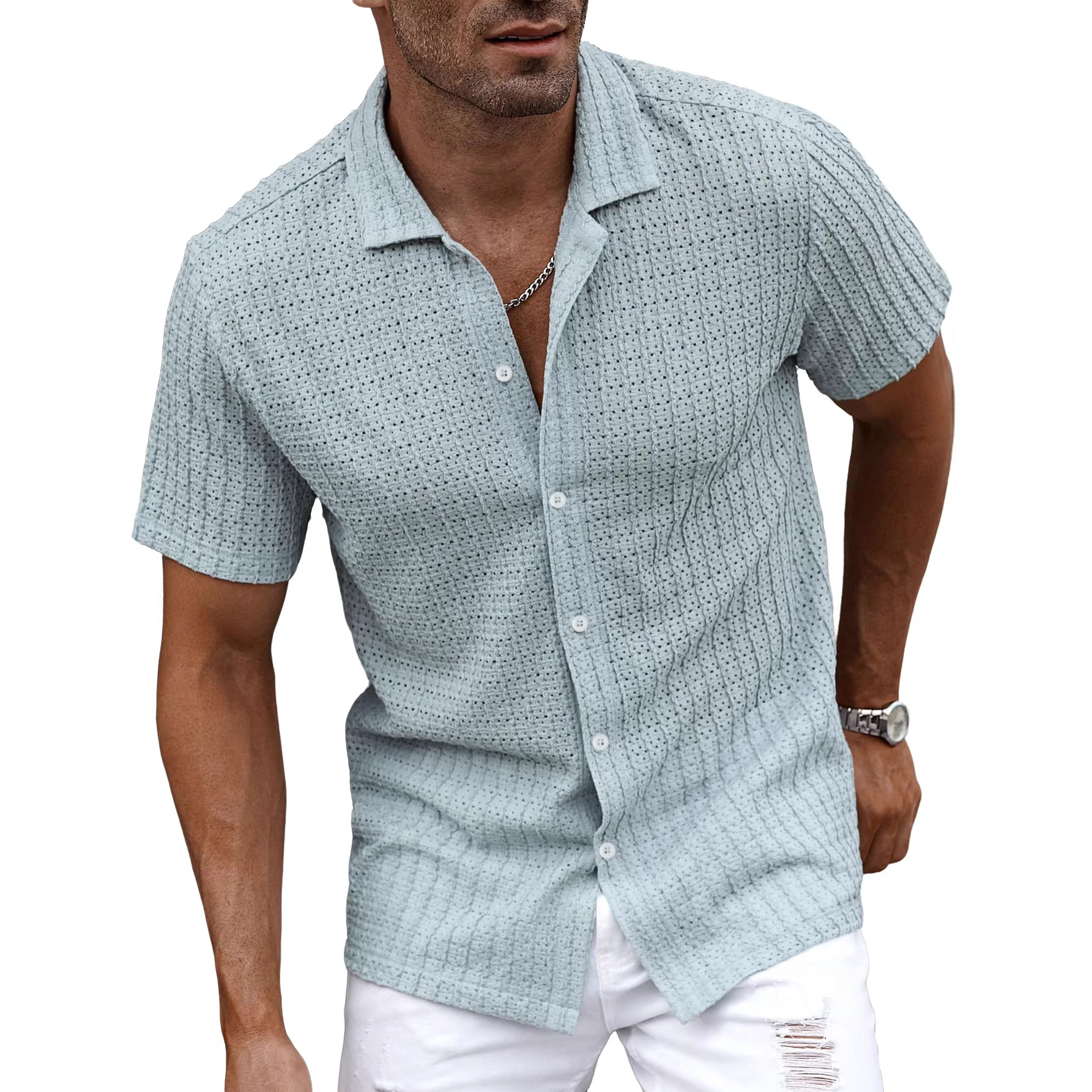 Nuevo transfronterizo Europa y América de verano hombre nuevo botón de la solapa camiseta fresca agujero de diseño de camiseta casual