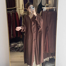 2025秋季新款原创长款亚麻文艺拉毛V领开衫长袍手工盘扣气质女装