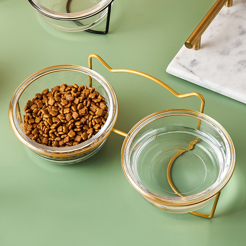Cat bowl glass double bowl cat food bowl cat food drinking bowl neck guard anti-knock over kitten eating bowl kitten eating