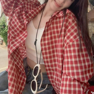 复古红色格子衬衫长袖POLO领衬衣女装早春小众设计感宽松显瘦开衫