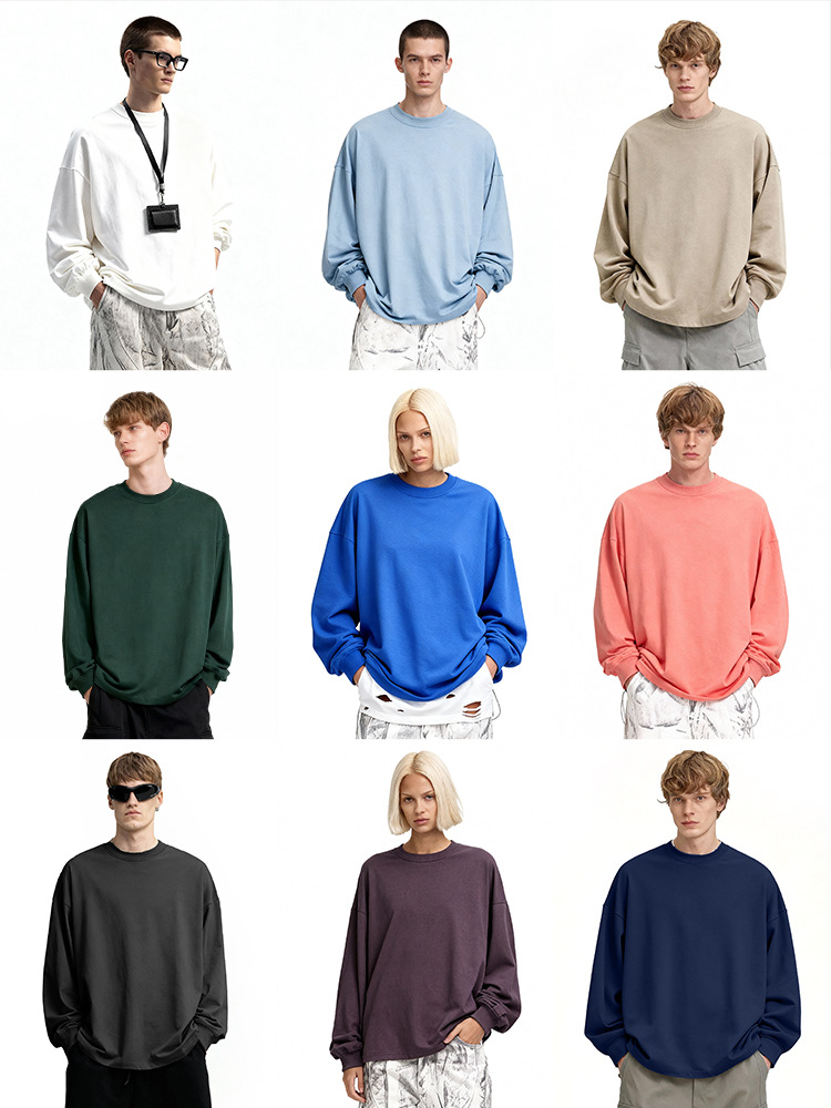 JIEZHAN | 305Gfog カラー長袖 Tシャツ 25 秋アメリカンソリッドカラーコットンルーズカップルボトリングシャツ