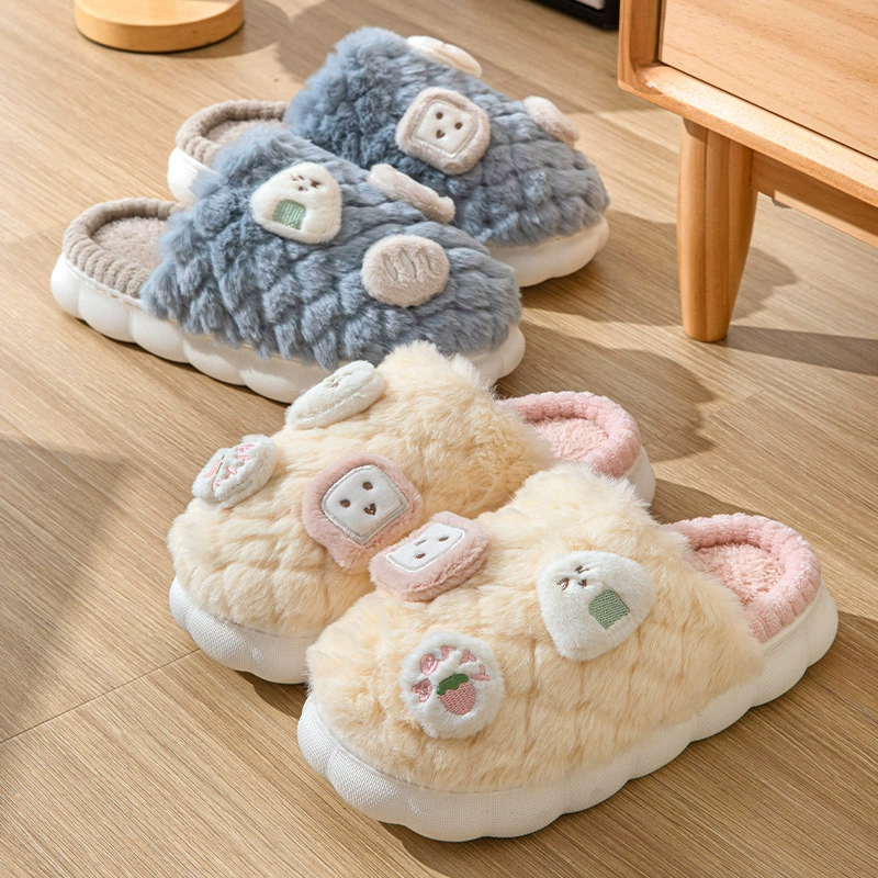 Симпатичные хлопковые тапочки для женщин, Зимние новые домашние теплые Нескользящие плюшевые тапочки с толстой подошвой для мужчин с мультяшной парой