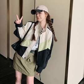 外穿休闲撞色拼接棒球短款冲锋衣女春秋美式拼色宽松立领夹克