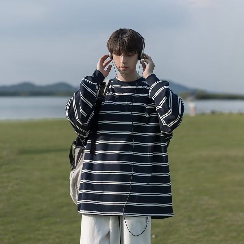 2025新款条纹长袖t恤男春秋ins潮流百搭秋衣日系宽松高街刺绣卫衣|undefined