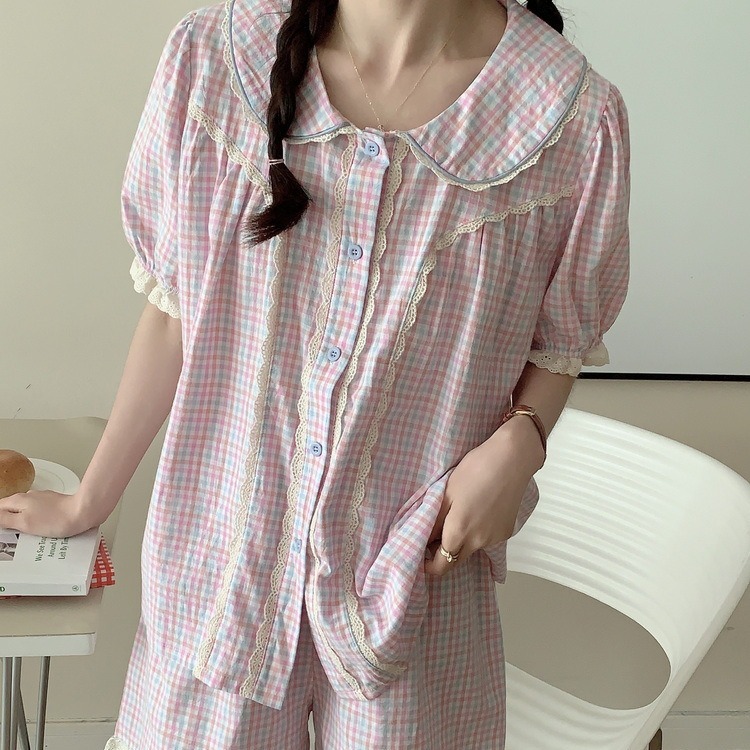 纯棉Korea夏季新款睡衣女套装小格子宽松休闲可爱外穿学生家居服