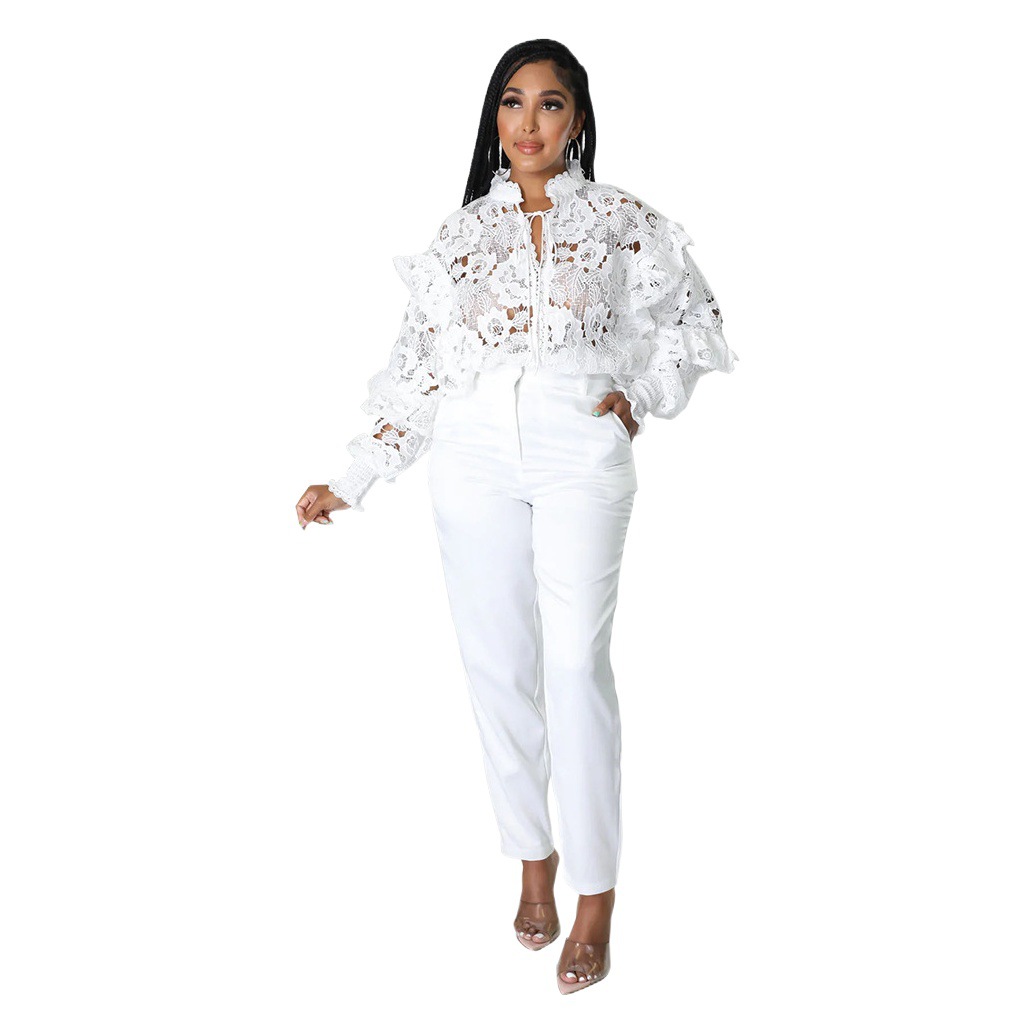 K10200 Amazon AliExpress 2022 transfronteriza europea y americana de las mujeres de encaje hueco con cordones cardigan linterna manga abrigo