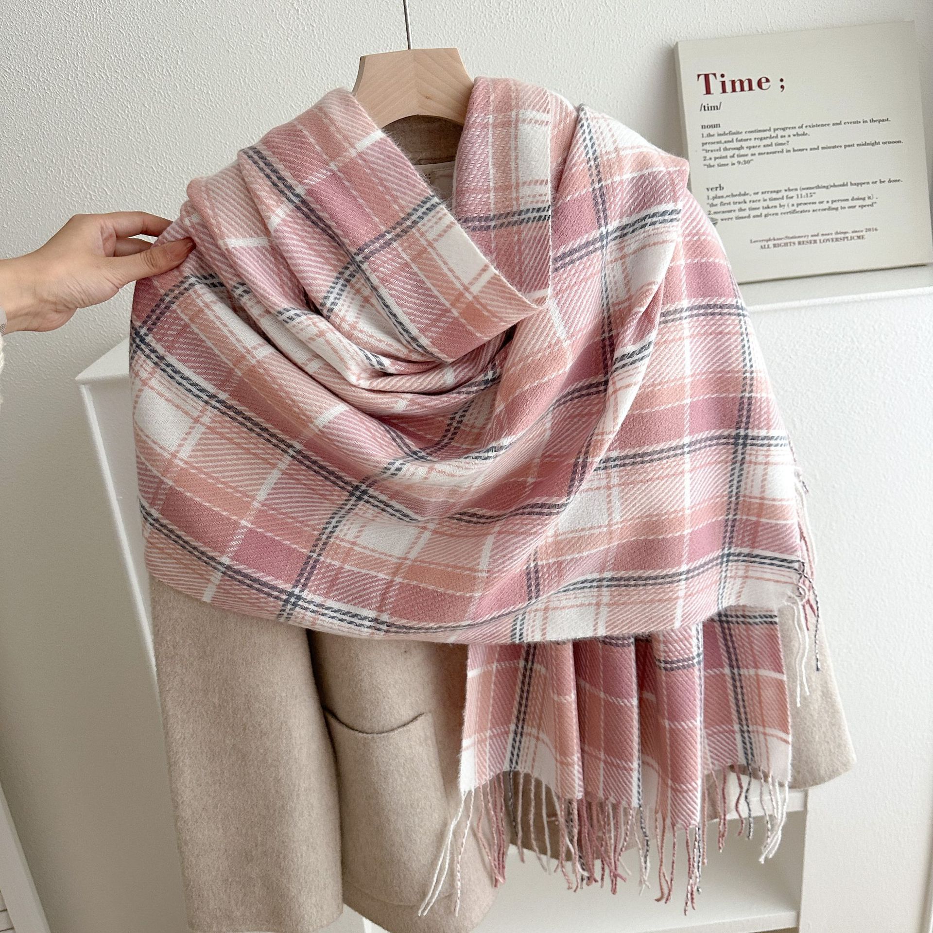 Bufanda de Cuadros Rosa con Flecos de Imitación Cachemira Térmica para Invierno