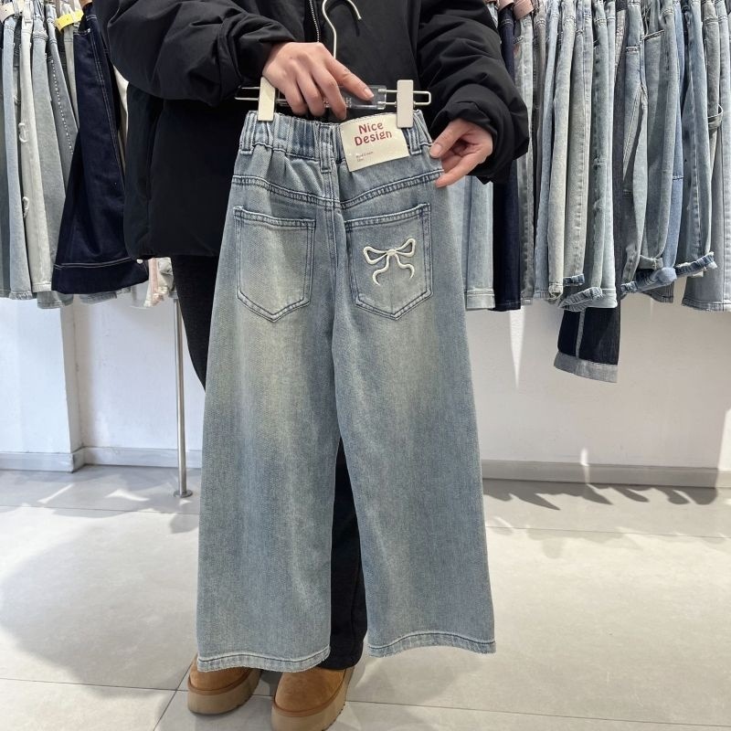 新しい女の子の早春ジーンズストレートパンツ中大子供用ナローワイドレッグパンツベビー女の子用白ロングパンツ|undefined