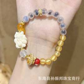 白瓷珠黄金箔糖心玛瑙九尾狐狸心咒女款手链琉璃半糖手串 批发