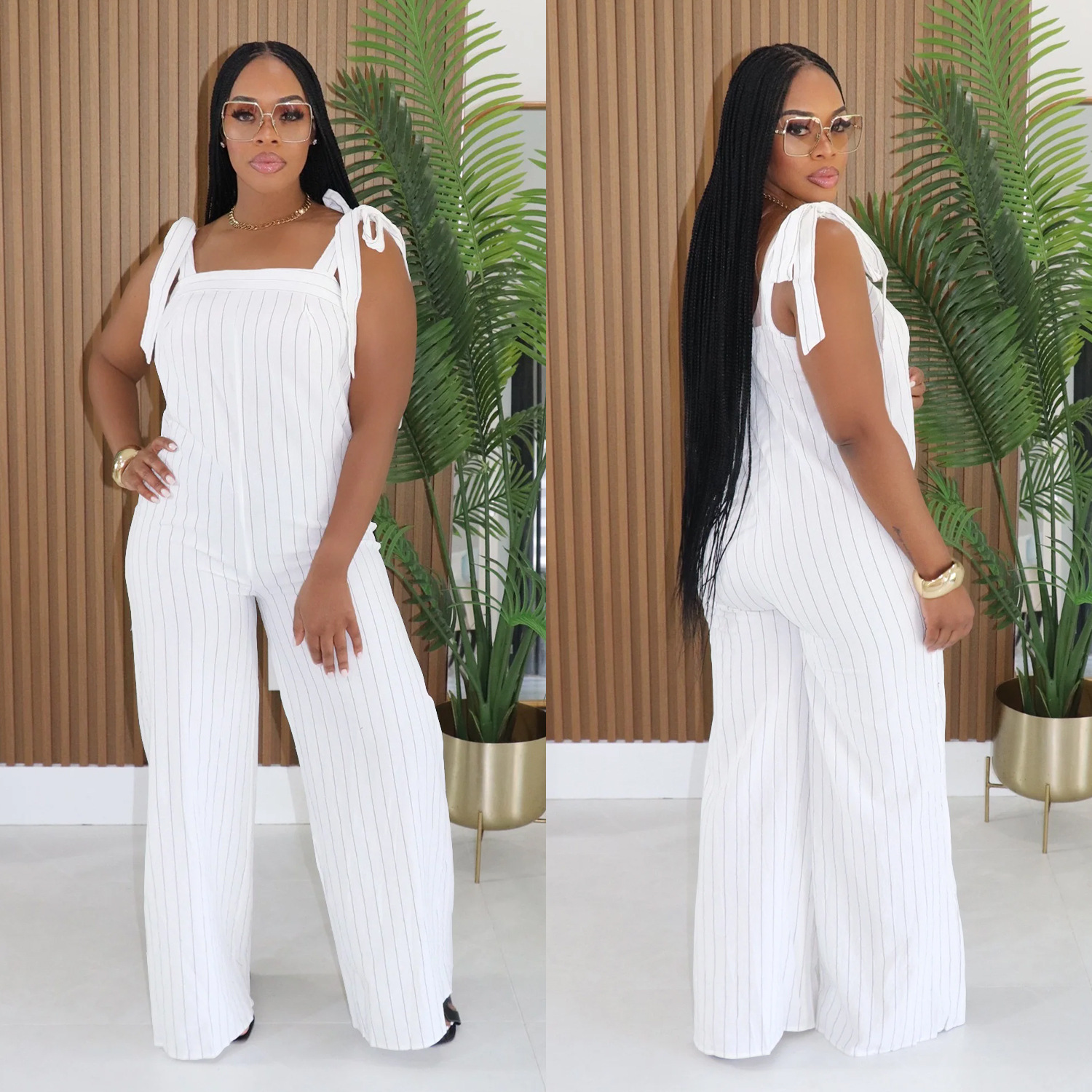 C7698 Cross-Border European And American Women's Casual Striped Strap Wide-Leg Fashion Jumpsuit_ecoleips.com