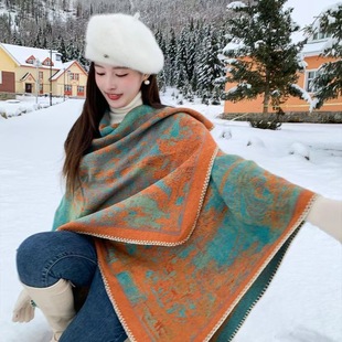 2025 Versatile Retro European and American Shawl Printed Scarf Imitation Cashmere Autumn and Winter Warm Jacquard Double-Sided Outerwear